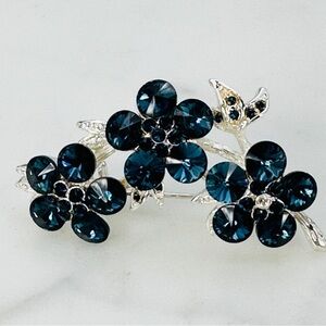 Vintage Rhinestone Brooch Pin Deep Blue Glass Rivoli Flower Swag Silver Tone